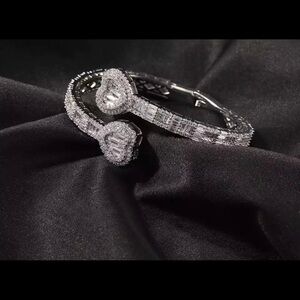 Silver adjustable open heart baguette bracelet